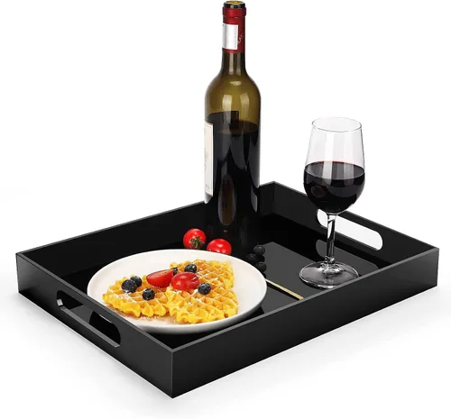 Miniatura 12 de Bandeja decorativa para mesa auxiliar para el hogar, 10 x 10 pulgadas, elegantes bandejas de acrílico con asas, funciona para comer, desayuno, Negro