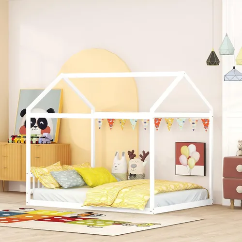 Harper & Bright Designs Marco de cama de casa tamaño Queen, marco de cama Montessori de madera con cabecero, cama de piso para niños para niñas,
