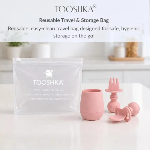Miniatura 9 de Tooshka® Juego de utensilios para bebés (3 piezas) – Cucharas autónomas y taza pequeña – Silicona y BPA – Suministros de destete para bebés (BLW)