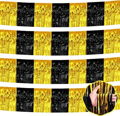 Miniatura 16 de Paquete de 4 guirnaldas de flecos de papel de aluminio negro de 10 pies con serpentinas metálicas de oropel para colgar en la pared, telón de fondo