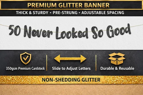 Miniatura 3 de Cartel negro con purpurina preencordada de 50 «Never Looked So Good» – Decoraciones de 50 cumpleaños y aniversario para hombres y mujeres