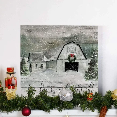 Miniatura 5 de Renditions Gallery Arte de pared "Be Merry and Bright", lindo arte navideño e invernal, granero festivo, aspecto de madera falsa, decoración