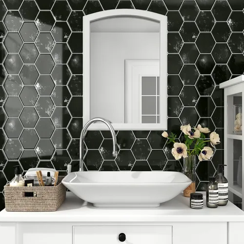 Miniatura 3 de Wallercity Azulejos hexagonales de metro negro para salpicaduras para salpicaduras de mármol en muro para cocina, 10 hojas de azulejos de pared