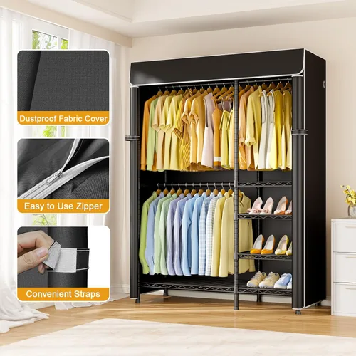 Miniatura 4 de ULIFHOME F2C - Perchero con funda, percheros para colgar ropa, perchero resistente con estantes y barras de suspensión, armario negro con cubierta