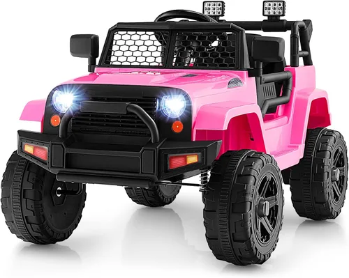 HONEY JOY - Camión de paseo rosa con batería de 12 V con control remoto, suspensión de resorte, faros, música, parabrisas de malla, autos eléctricos