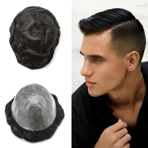 Toupee para hombres Sistema de reemplazo de cabello de polietileno completo europeo Cabello humano para hombre Toupee 0.004 in Piel duradera PU