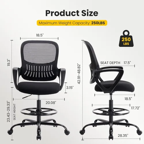 Miniatura 3 de Sweetcrispy Silla Alta de Escritorio de Dibujo - Taburete Alto Ergonómico para Computadora con Altura Ajustable y Cómodo Soporte Lumbar, Mostrador