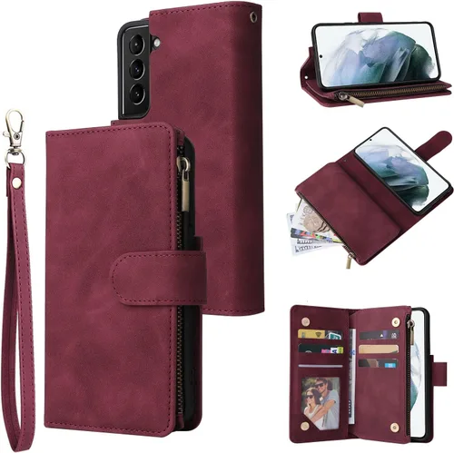 Miniatura 8 de UEEBAI Funda tipo cartera para Samsung Galaxy S22 Ultra 5G, piel sintética con cierre magnético, bolsillo con cremallera, ranuras para tarjetas