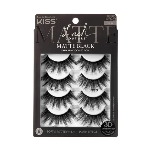 KISS Pestañas postizas de color negro mate, Cheviot mate, 0.71 a 0.78 pulgadas, incluye 4 pares de pestañas, fáciles de aplicar, racimos de pestañas