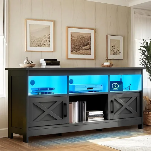 Miniatura 3 de YITAHOME Soporte de TV para televisores de 65 pulgadas, centro de entretenimiento con armarios de almacenamiento, toma de corriente y luz LED, Negro