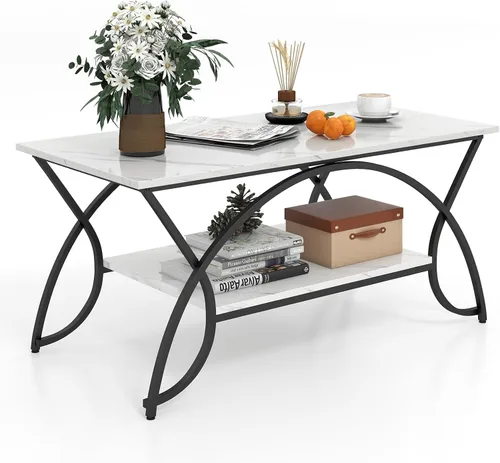 Miniatura 12 de GOFLAME Mesa auxiliar industrial, mesa central rectangular de 2 niveles con estante de almacenamiento, mesa decorativa con marco de metal arqueado