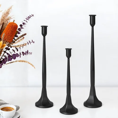 Juego de 3 portavelas cónicos, de hierro fundido, altos para bodas, mesa de comedor, Halloween y decoración de otoño, decoración del hogar (negro,