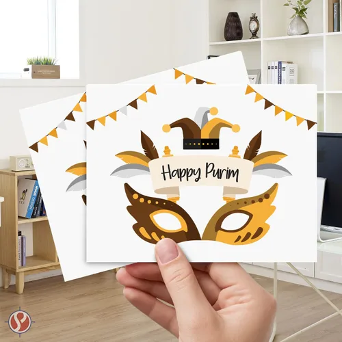 Miniatura 3 de 25 tarjetas de felicitación Happy Purim, máscara tradicional de símbolos de Purim, pergamino, invitaciones de felicitación religiosas judías