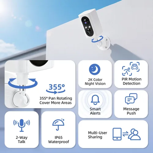 Miniatura 2 de Cámaras de seguridad inalámbricas para exteriores, 355°, rotación panorámica, 2K, cámaras de visión nocturna a color, para seguridad en el hogar