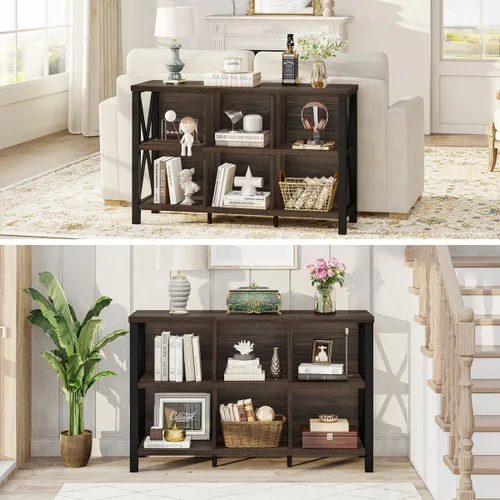 Miniatura 7 de FATORRI Organizador de almacenamiento de 6 cubos con estante, estantería horizontal corta para sala de estar, estantería de madera y metal, estante