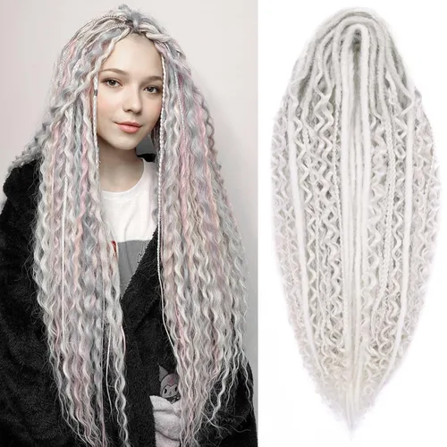 Miniatura 57 de Leeven Extensiones de rastas grises de 40 hebras de 18 pulgadas con terminación única hechas a mano, extensiones de rastas suaves de 0.6 cm