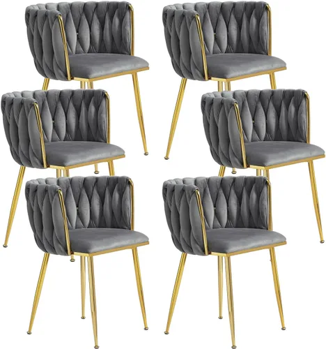 Miniatura 16 de Juego de 2 sillas de comedor de terciopelo, modernas sillas de comedor tapizadas con patas de metal dorado y respaldo tejido para comedor, cocina