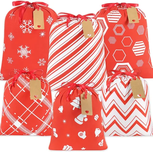 Miniatura 10 de HRX Package 2 bolsas de algodón de Papá Noel, bolsas de Navidad de tela a cuadros de 28 x 20 pulgadas, bolsas de Navidad reutilizables con etiqueta
