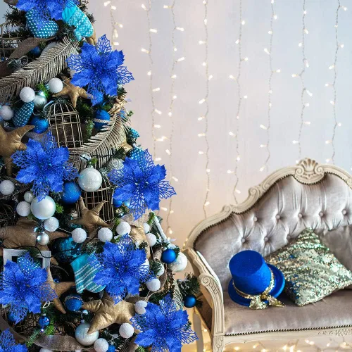 Miniatura 3 de 24 piezas de palitos de flores de Pascua artificiales de hojas de acebo de malla azul con purpurina, adornos para árbol de 5.9 pulgadas de ancho