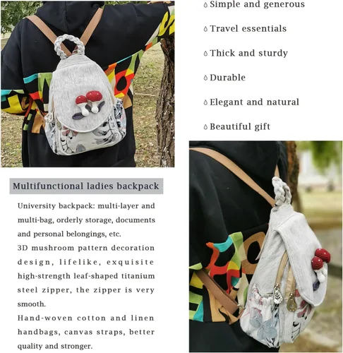 Miniatura 35 de HUANGGUOSHU Mochila de algodón tejida de algodón bohemio con bordado de lona estilo bohemio con múltiples bolsillos retro linda mochila cartera
