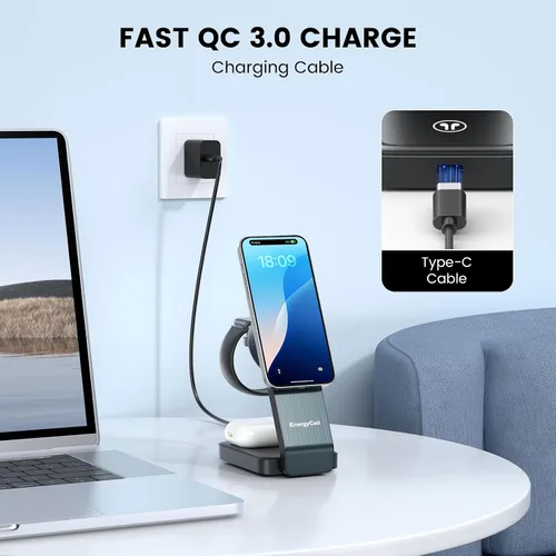 Miniatura 5 de EnergyCell Estación de carga inalámbrica 3 en 1 para dispositivos Apple, cargador inalámbrico de 15W para iPhone 17/16/15/14/13/12, Apple Watch