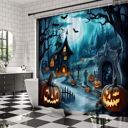 Miniatura 3 de Cortina de ducha de Halloween, noche aterradora, luna, gótica, casa encantada, calabaza, murciélago, bosque, patio, cortinas de decoración de baño