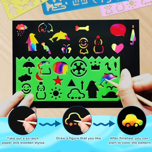 Miniatura 7 de RMJOY Arte de papel para rascar arco iris para niños: 50 piezas de manualidades mágicas, regalos para niñas y niños de 3 a 12 años, actividades