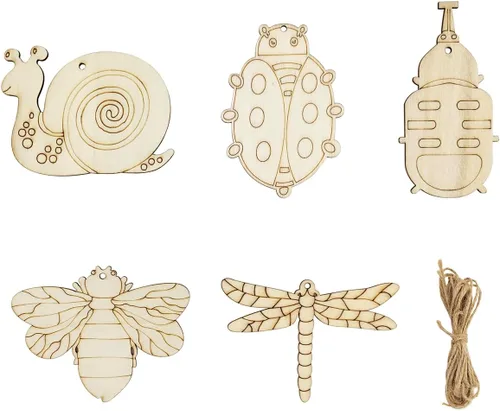 Paquete de 35 recortes de madera para insectos y animales, manualidades de pintura de madera, adornos colgantes, etiquetas de regalo para decoración