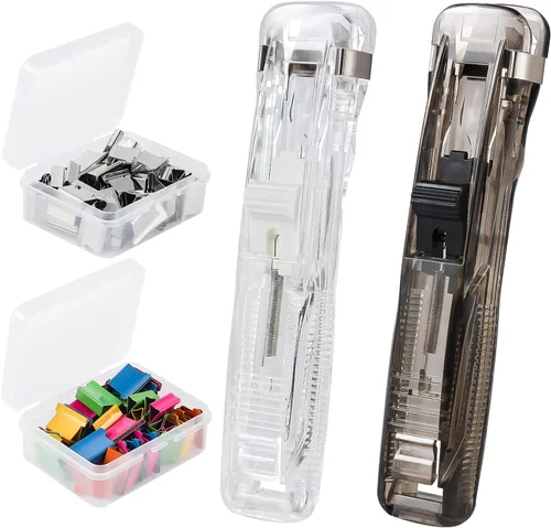 KINBOM 2 dispensadores de clip de almeja, dispensador portátil reciclable de mano con 100 recambios de clip de almeja de papel para fijar hojas