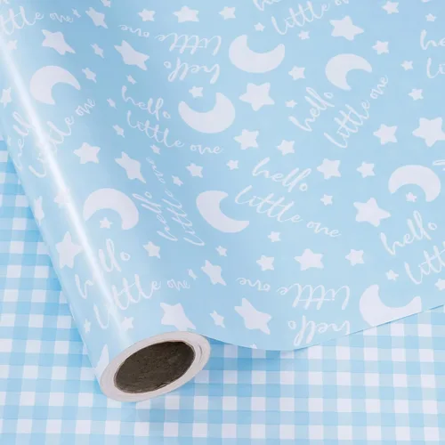 Miniatura 15 de RUSPEPA Rollo de papel de regalo reversible, rollo jumbo, conejo lunar y patrón de puntos para envoltura de regalos neutros de bebé, fiesta