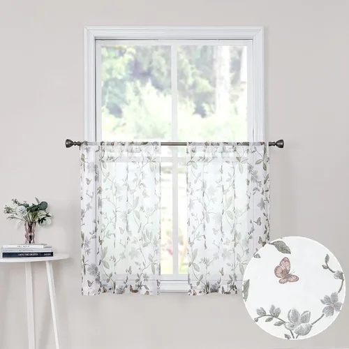Miniatura 14 de Tollpiz - Cortinas cortas de gasa con estampado floral, con diseño de mariposas y flores azules, cortina de media ventana con bolsillo para barra