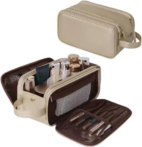 Miniatura 7 de ZITEZHGO Bolsa de viaje de maquillaje, bolsas de cosméticos impermeables para mujeres, bolsa de aseo de piel sintética de gran capacidad