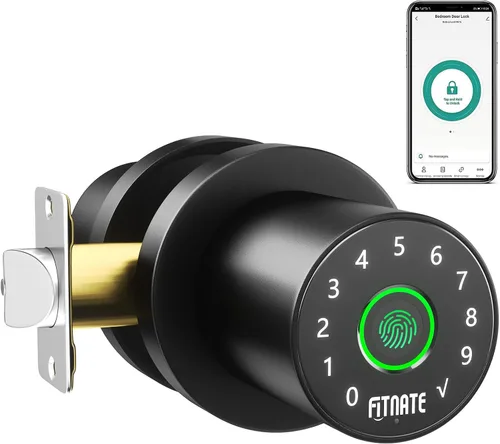 FITNATE Pomo de puerta de huellas dactilares con teclado, perilla de puerta inteligente con control de aplicación, cerradura de puerta biométrica
