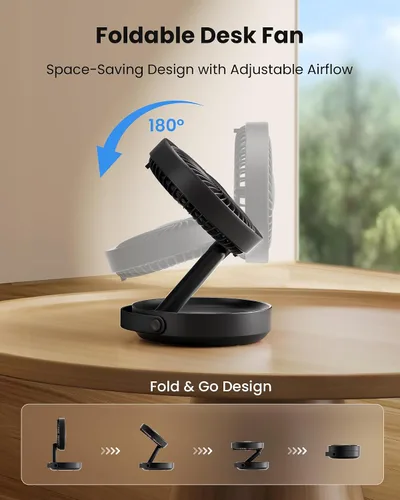 Miniatura 2 de Gaiatop Ventilador de escritorio pequeño plegable con luz nocturna LED, inalámbrico de 6000 mAh, ventilador portátil recargable por USB, para Negro