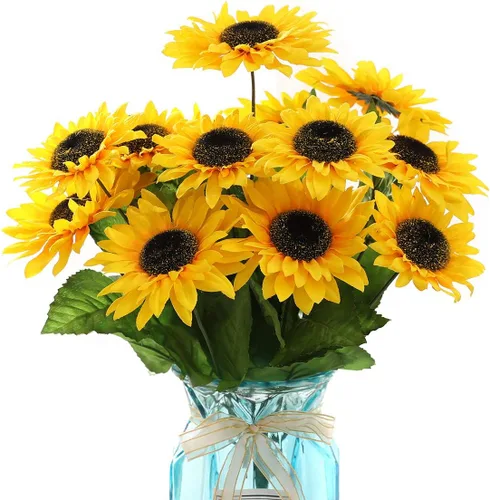 DerBlue Ramo de girasoles artificiales de 15.74 pulgadas con 14 cabezas (dos diámetros diferentes de flores) y 40 hojas, ramo de girasoles de seda