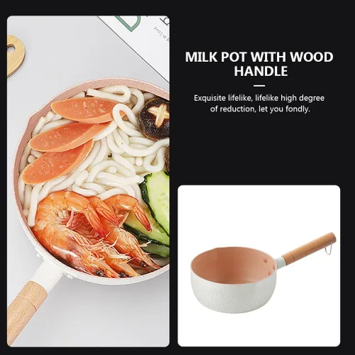 Miniatura 6 de Hemoton Sartén antiadherente para leche de 1.5 L, práctica olla con mango de madera, versátil olla pequeña para sopas, salsas y leche caliente, olla