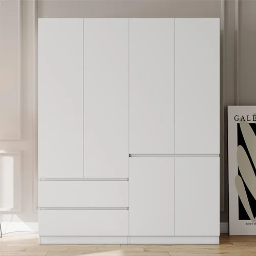 Bobve78 H Armario de Ropa con 4 Puertas y 2 Cajones, Armarios de Dormitorio de Madera con Barra Colgante, Armario Independiente de Dormitorio, Color