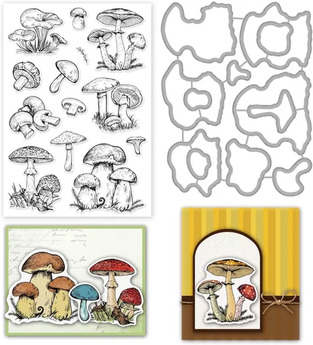 INFUNLY Sellos y troqueles de hongos para hacer tarjetas, setas, sellos transparentes, troqueles botánicos de corte de metal, troqueles de silicona