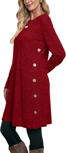Miniatura 2 de OFEEFAN - Vestido de invierno con manga larga, bolsillos y botones laterales para mujer