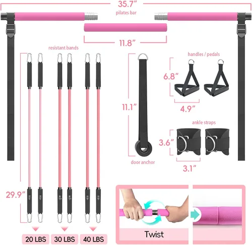 Miniatura 2 de Kit de barra de pilates con bandas de resistencia, barra de pilates portátil para gimnasio en casa, yoga y entrenamientos de cuerpo completo,