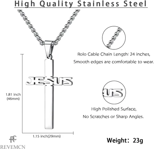 Miniatura 5 de REVEMCN Collar con colgante de cruz de Jesús de acero inoxidable para hombres y mujeres, cadena Rolo de 20 a 24 pulgadas, regalos cristianos