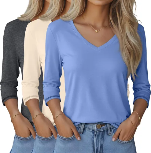 Miniatura 24 de Ficerd Paquete de 3 camisetas de manga 3/4 para mujer, cuello en V, blusas holgadas, blusas casuales, ropa de moda 2026