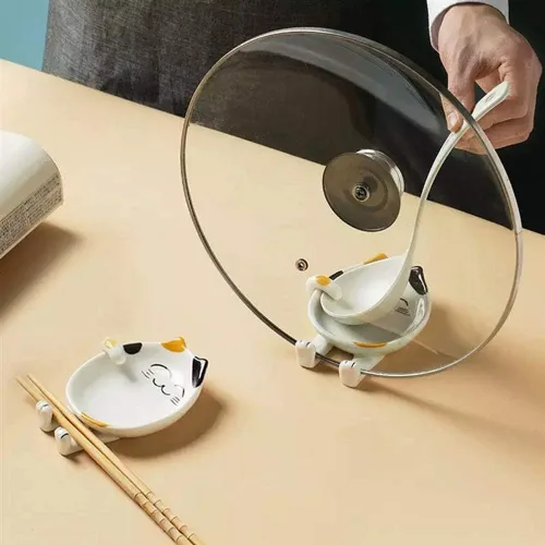 Miniatura 6 de Soporte de cuchara de cerámica multifuncional para cocina, con forma de gato, soporte para utensilios de cocina, soporte para tapa de olla, soporte