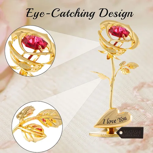 Miniatura 5 de Matashi I Love You Rose Flower - Adorno de mesa chapado en oro de 24 quilates con cristales rojos Arreglo floral de metal Cumpleaños, regalos