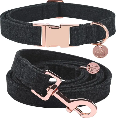 DOGWONG Collar y correa de algodón para perro, collar para mascotas, suave, duradero, básico, para perros pequeños, medianos y grandes Negro
