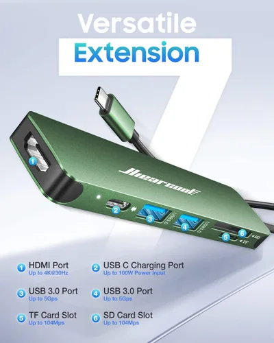 Miniatura 2 de Hiearcool - Adaptador HUB con USB C y 7 puertos en 1 de USB C a HDMI compatible para laptops Thunderbolt 3 y 4, MacBook Pro, Air, Dell, Lenovo, HP