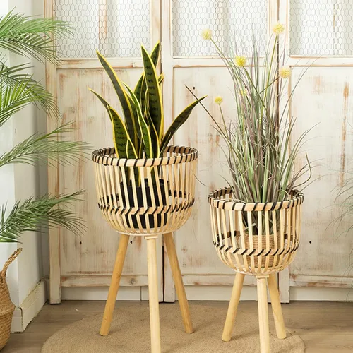 Miniatura 5 de Soporte tejido de bambú para macetas con patas de madera, cesta de ratán interior, macetas, soporte tejido para plantas de interior, soporte