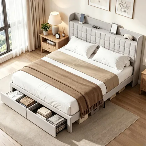 Miniatura 10 de DUMOS Base de cama tapizada de tamaño matrimonial, cama matrimonial con cajones de almacenamiento y cabecera de tela, soporte de listones de madera