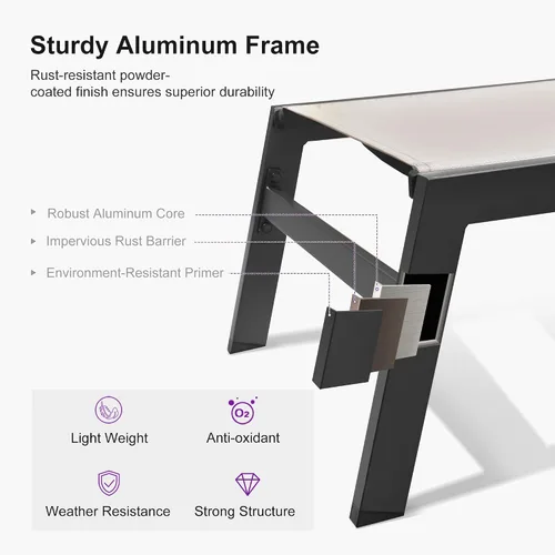 Miniatura 6 de PURPLE LEAF Juego de sillas de lounge al aire libre de gran tamaño de 3 piezas para patio, tumbona para piscina, estructura de aluminio con mesa