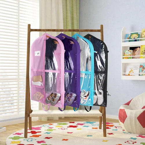 Miniatura 4 de Bolsas de ropa de baile negras de Zilink, bolsa de ropa de 40 pulgadas para competiciones de baile con 5 bolsillos transparentes con cremallera